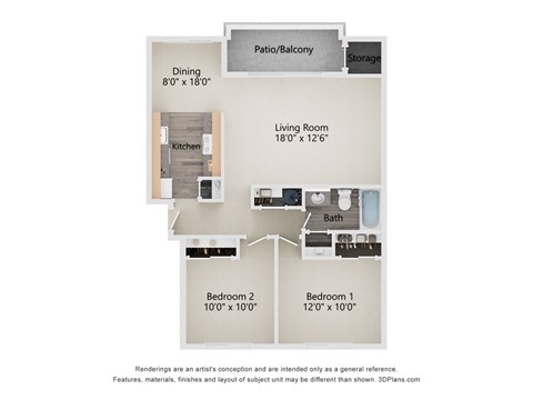 Floor plan for 2 beds, 1 bath, 900 sqft